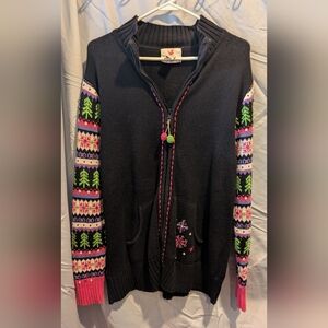 Quacker Factory Black and Pink Cardigan with Festive Patterns